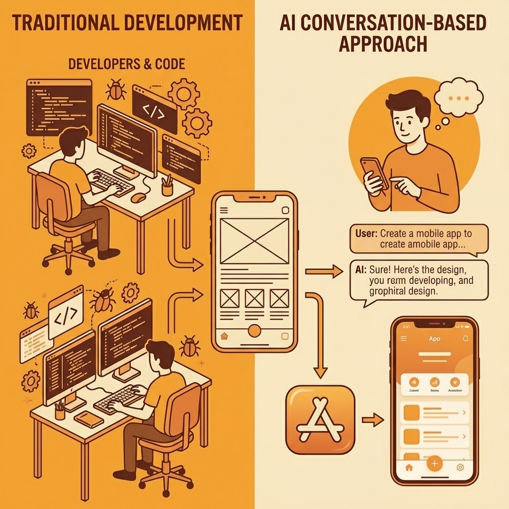 Left column shows traditional development with developers and code, right column shows AI conversation-based approach
